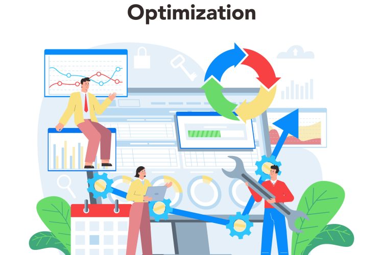 Website analyst concept. Web page improvement for business promotion and optimization. Website analysis to get data for SEO. Isolated flat illustration